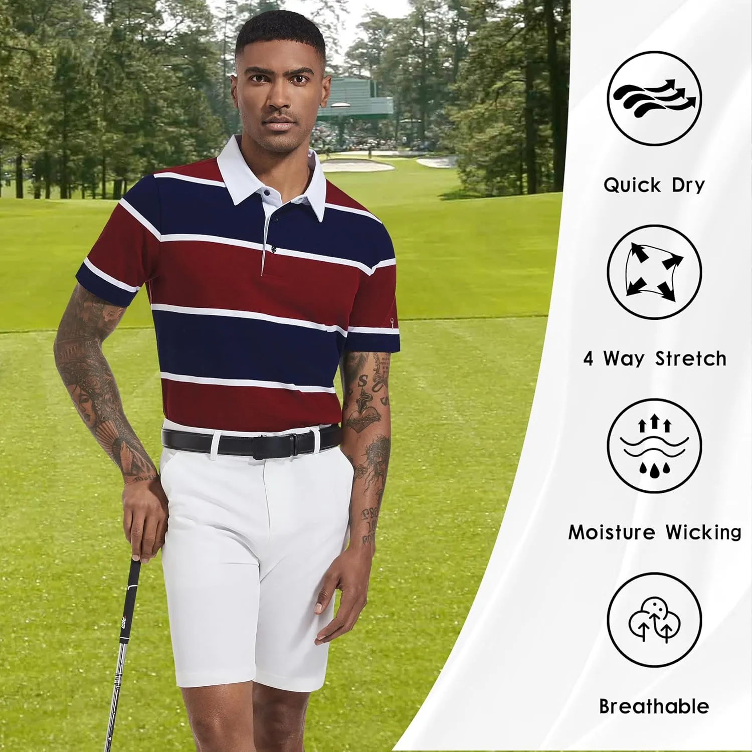 Men's Polo Shirts Long Sleeve Striped Dry Fit Casual Collared Pique Golf Polo Shirts for Mens