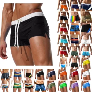 Mens Square Leg Swim Trunks Summer Beach Retro Drawstring Quick Dry Swim Brief Hot Body Sexy Swimsuit with Zip Pocket