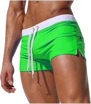 Mens Square Leg Swim Trunks Summer Beach Retro Drawstring Quick Dry Swim Brief Hot Body Sexy Swimsuit with Zip Pocket