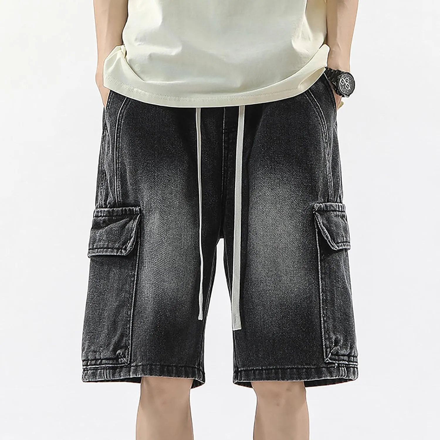 Mens Wide Leg Hip Hop Cropped Jean Shorts Baggy Denim Shorts with Pockets Aesthetic Pants Streetwear Clothes