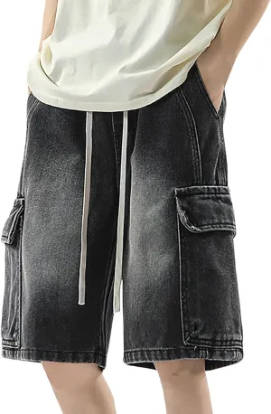 Mens Wide Leg Hip Hop Cropped Jean Shorts Baggy Denim Shorts with Pockets Aesthetic Pants Streetwear Clothes