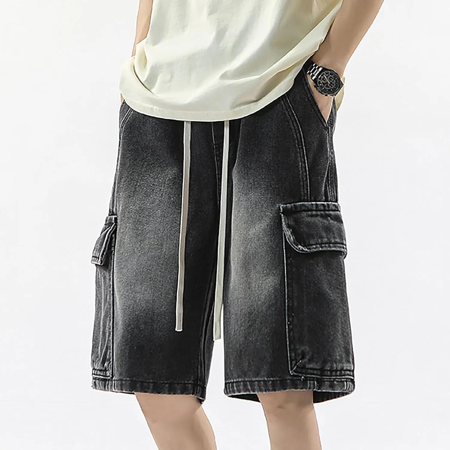 Mens Wide Leg Hip Hop Cropped Jean Shorts Baggy Denim Shorts with Pockets Aesthetic Pants Streetwear Clothes