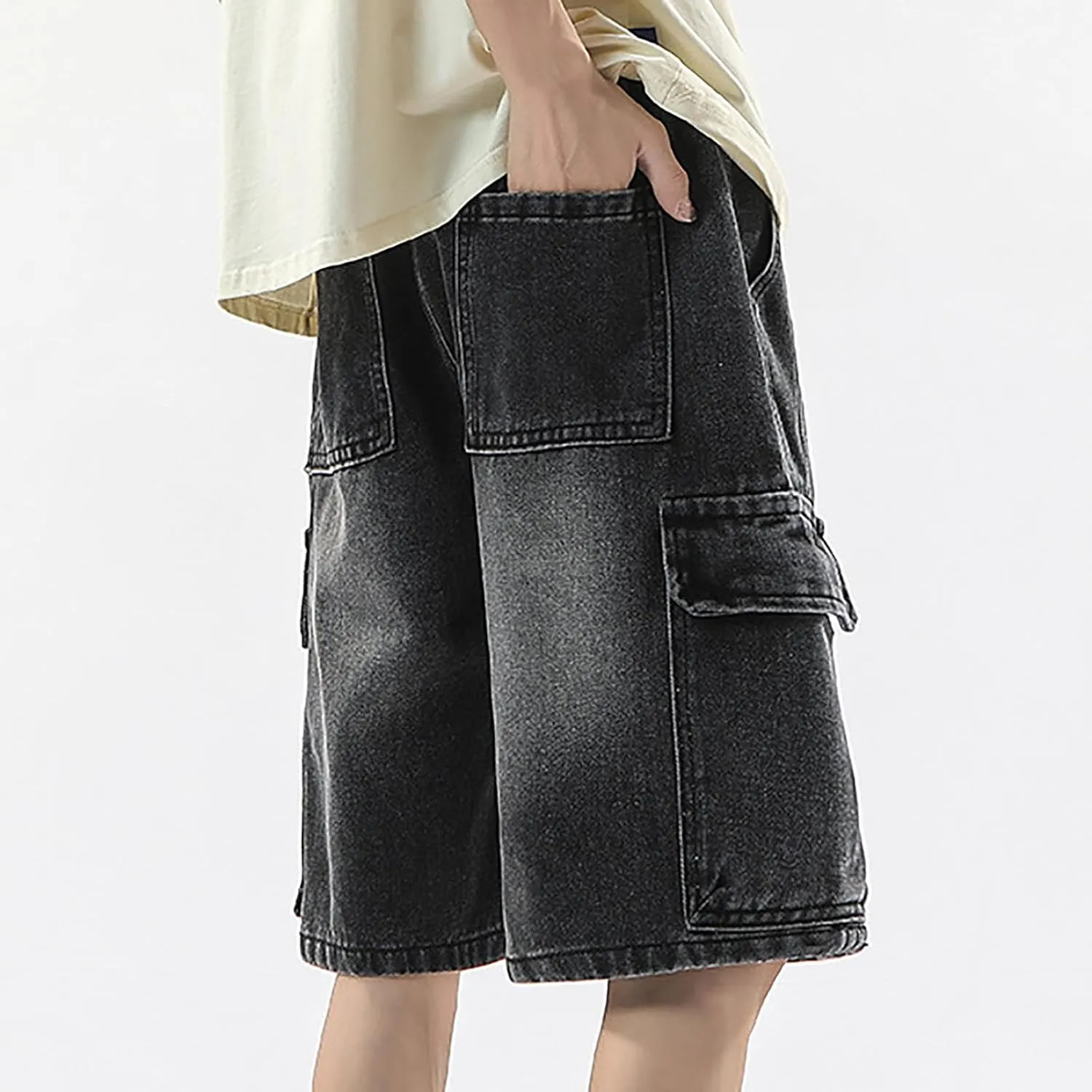 Mens Wide Leg Hip Hop Cropped Jean Shorts Baggy Denim Shorts with Pockets Aesthetic Pants Streetwear Clothes