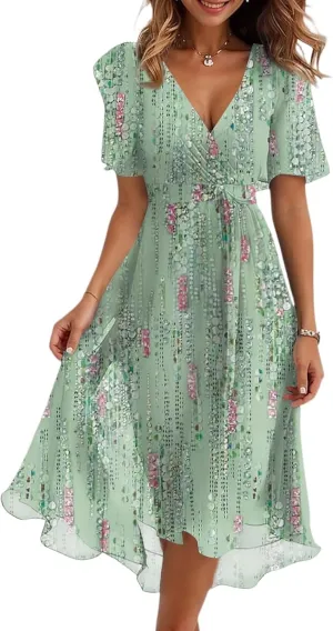 Midi Dresses for Women 2025,Wrap Flowy Womens Dress Wedding Prom Cocktail Summer Sexy Dresses for Women Chiffon
