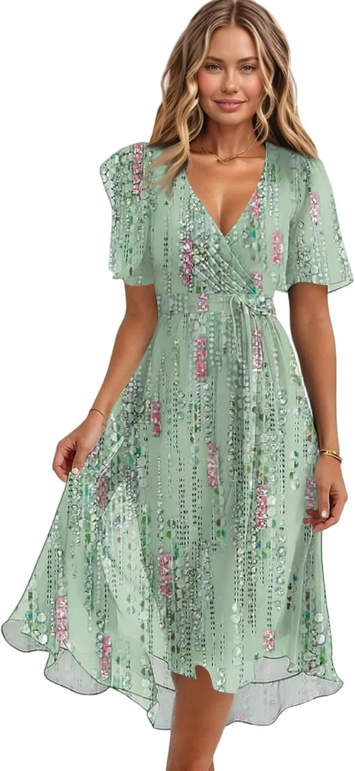 Midi Dresses for Women 2025,Wrap Flowy Womens Dress Wedding Prom Cocktail Summer Sexy Dresses for Women Chiffon