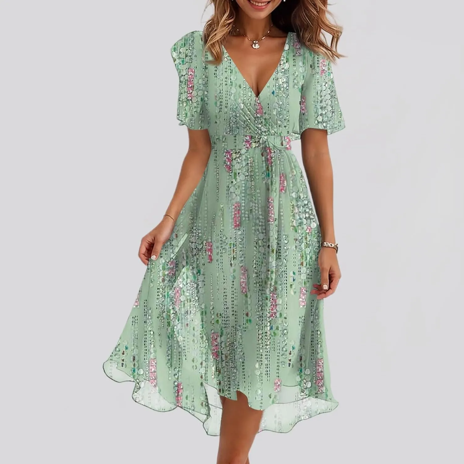 Midi Dresses for Women 2025,Wrap Flowy Womens Dress Wedding Prom Cocktail Summer Sexy Dresses for Women Chiffon