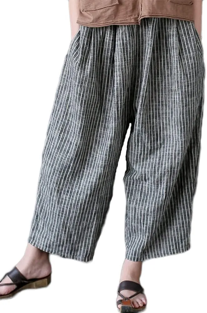 Minibee Women's Wide Leg Harem Pants Cotton Linen Striped Casual Palazzo Pants with Pockets