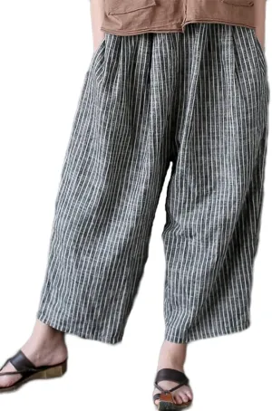 Minibee Women's Wide Leg Harem Pants Cotton Linen Striped Casual Palazzo Pants with Pockets