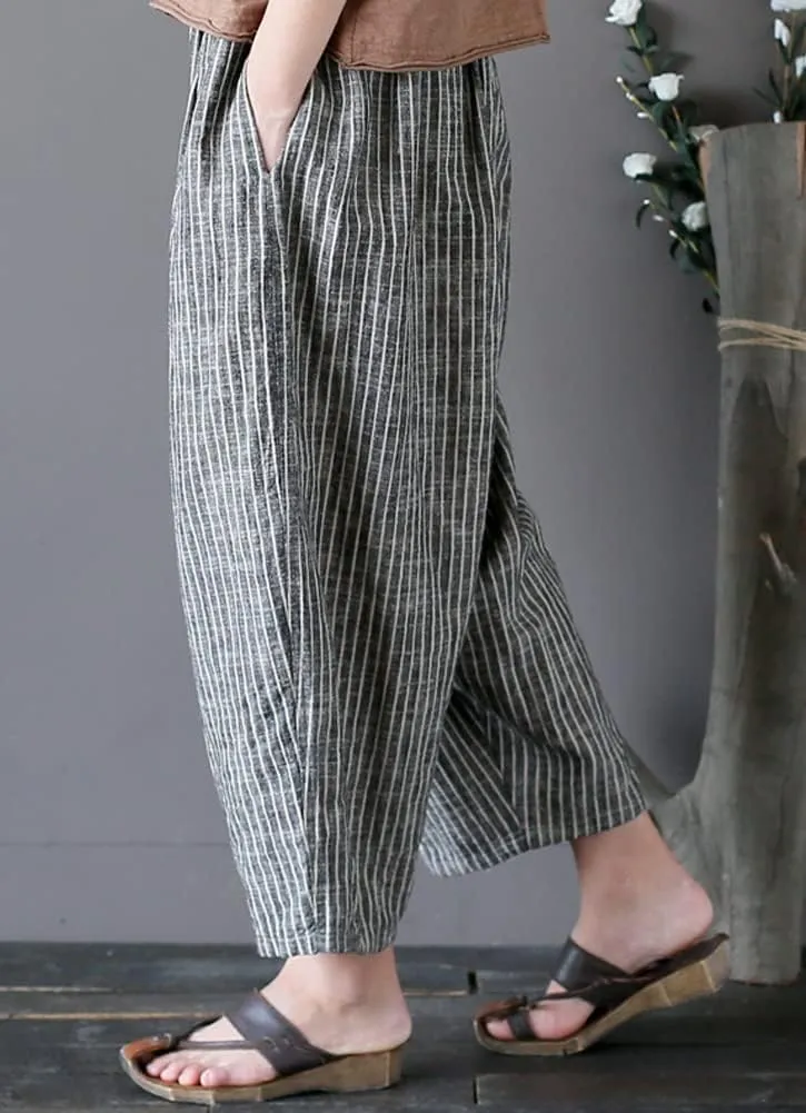 Minibee Women's Wide Leg Harem Pants Cotton Linen Striped Casual Palazzo Pants with Pockets