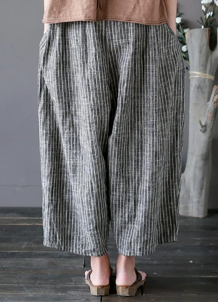 Minibee Women's Wide Leg Harem Pants Cotton Linen Striped Casual Palazzo Pants with Pockets