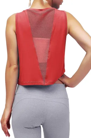 Mippo Womens Mesh Back Workout Crop Tops Loose Fit Gym Running Tank Tops