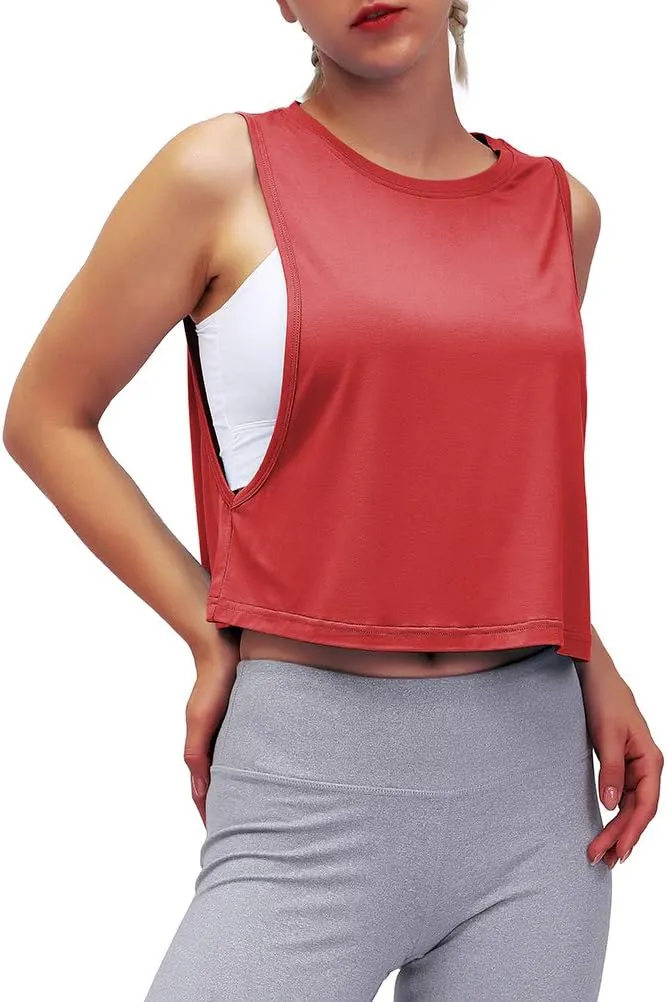 Mippo Womens Mesh Back Workout Crop Tops Loose Fit Gym Running Tank Tops