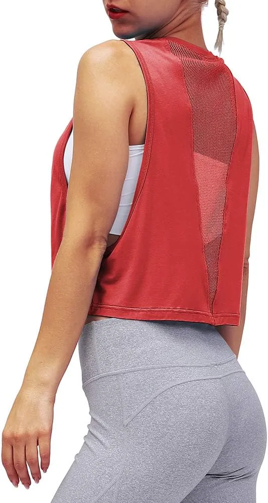 Mippo Womens Mesh Back Workout Crop Tops Loose Fit Gym Running Tank Tops