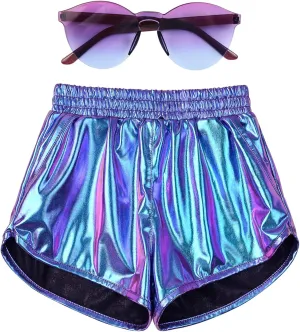 Mirawise Girls Metallic Shorts Shiny Hot Pants Sparkly Dance Outfits Short Pants with Sunglasses