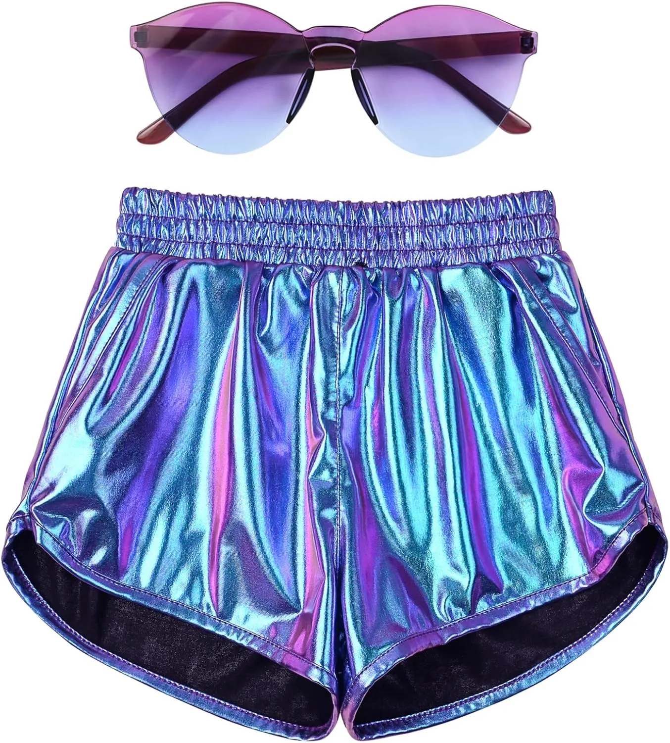 Mirawise Girls Metallic Shorts Shiny Hot Pants Sparkly Dance Outfits Short Pants with Sunglasses