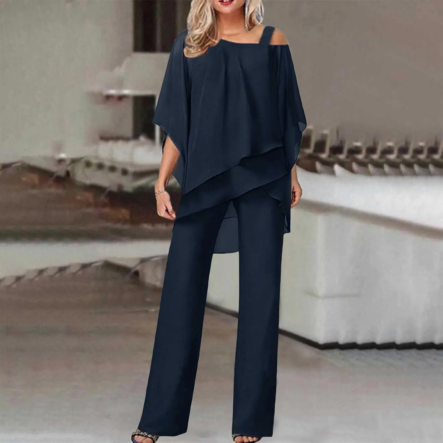 Miyaomn Elegant Pantsuit for Women 2 Piece Half Sleeve Cold Shoulder Hi-Low Top and Long Dress Pants Set Wedding Party Outfit