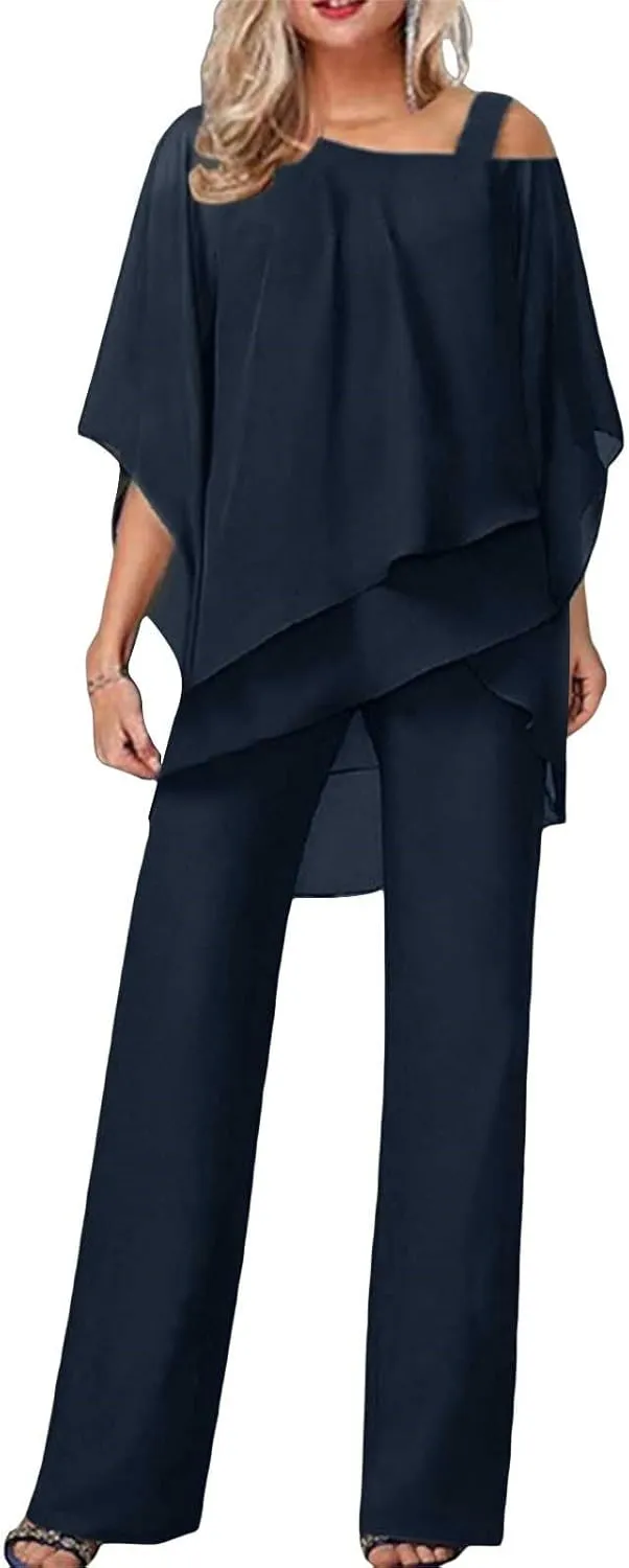 Miyaomn Elegant Pantsuit for Women 2 Piece Half Sleeve Cold Shoulder Hi-Low Top and Long Dress Pants Set Wedding Party Outfit