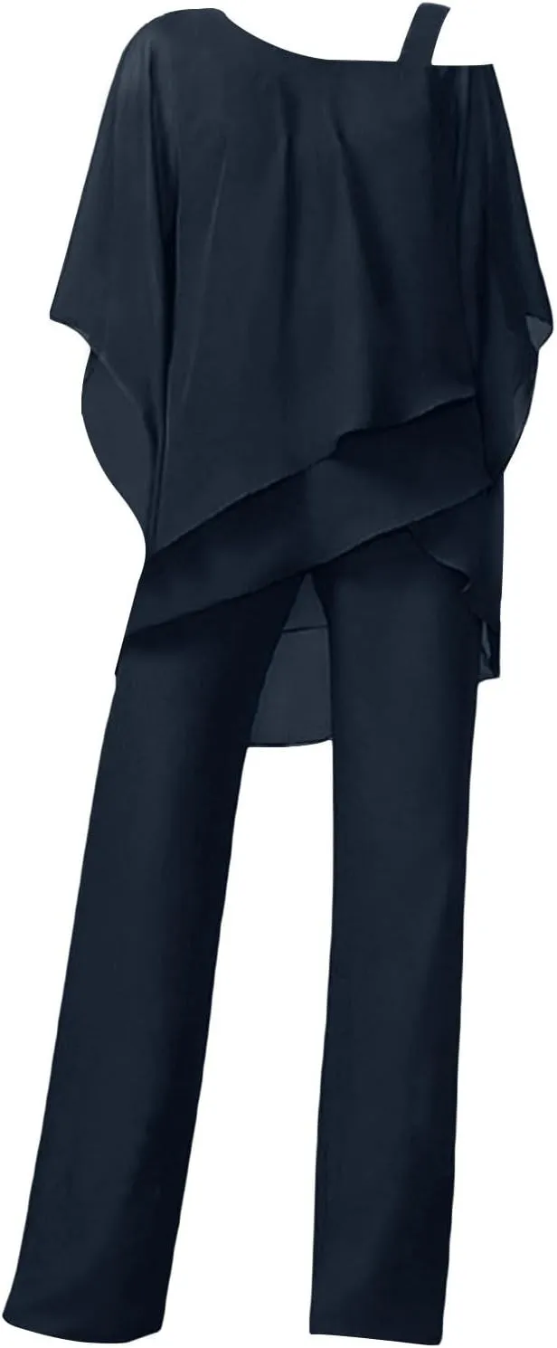Miyaomn Elegant Pantsuit for Women 2 Piece Half Sleeve Cold Shoulder Hi-Low Top and Long Dress Pants Set Wedding Party Outfit