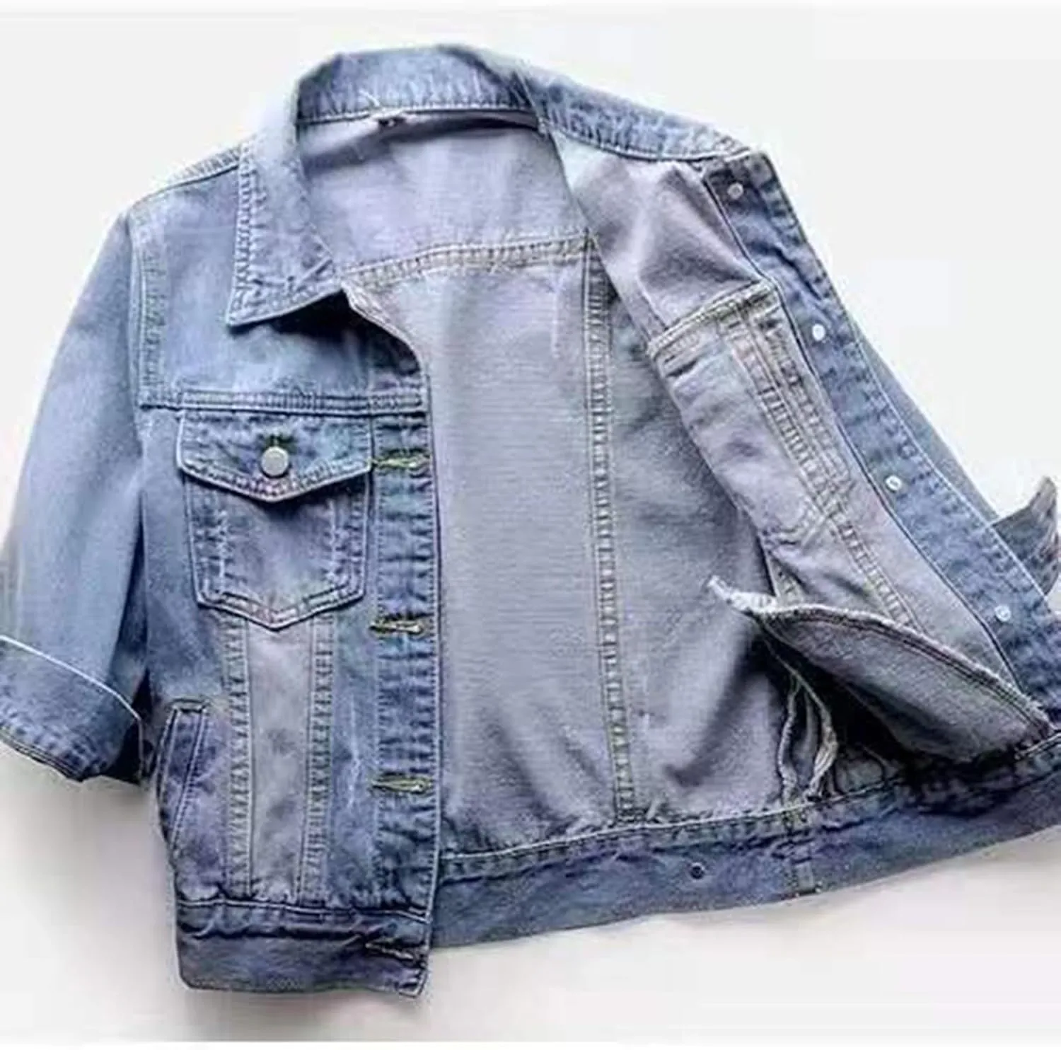 Miyaomn Womens 3/4 Sleeve Short Denim Jacket Lapel Collared Button Down Cropped Jean Jackets Pockets Casual Work Trucker Coat