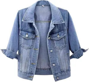 Miyaomn Womens 3/4 Sleeve Short Denim Jacket Lapel Collared Button Down Cropped Jean Jackets Pockets Casual Work Trucker Coat