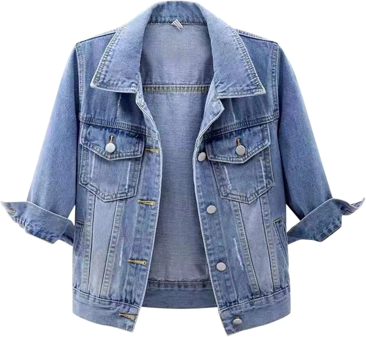 Miyaomn Womens 3/4 Sleeve Short Denim Jacket Lapel Collared Button Down Cropped Jean Jackets Pockets Casual Work Trucker Coat