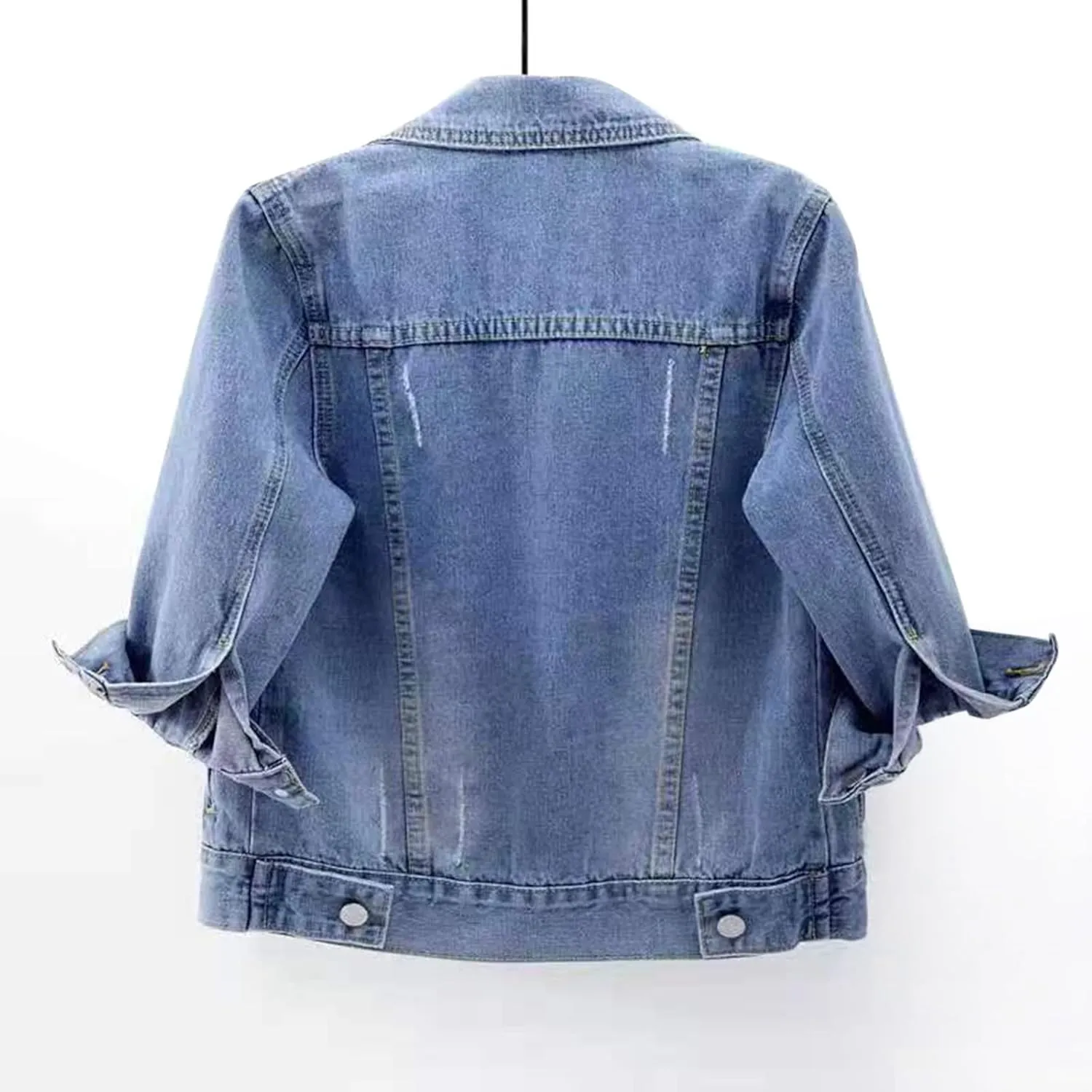 Miyaomn Womens 3/4 Sleeve Short Denim Jacket Lapel Collared Button Down Cropped Jean Jackets Pockets Casual Work Trucker Coat