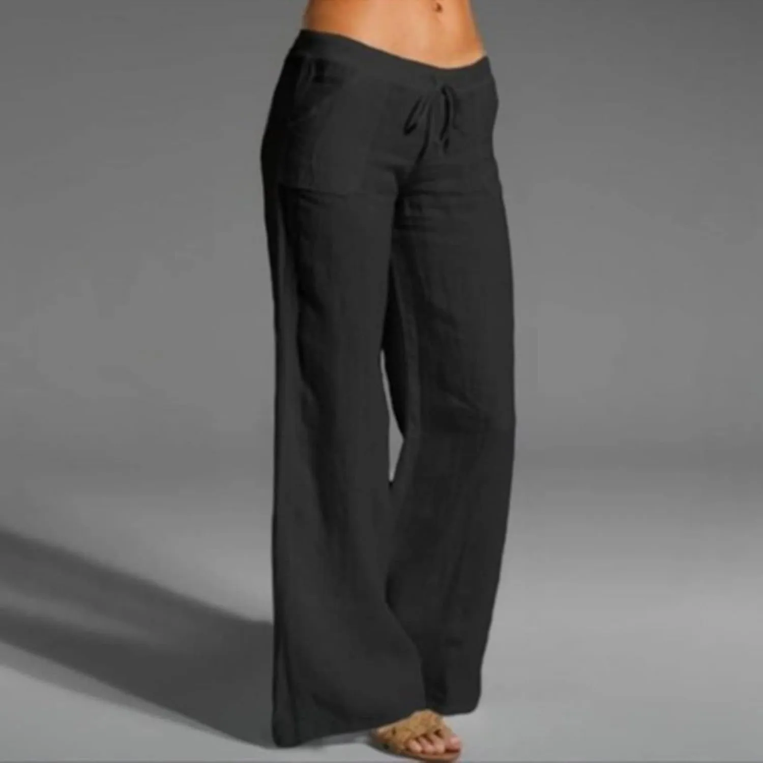 Mmoneyake Womens Cotton Linen Drawstring Pants Casual High Waist Lounge Pants Trousers with Pockets Loose Fit Palazzo Pants