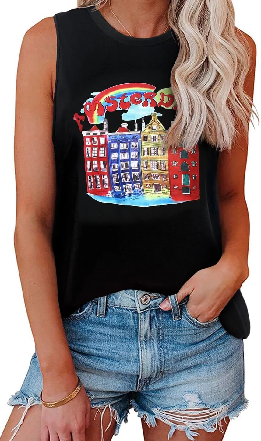 My Sky Womens Tank Tops Summer T Shirts Sleeveless Casual Cute Loose Tunic Blouses