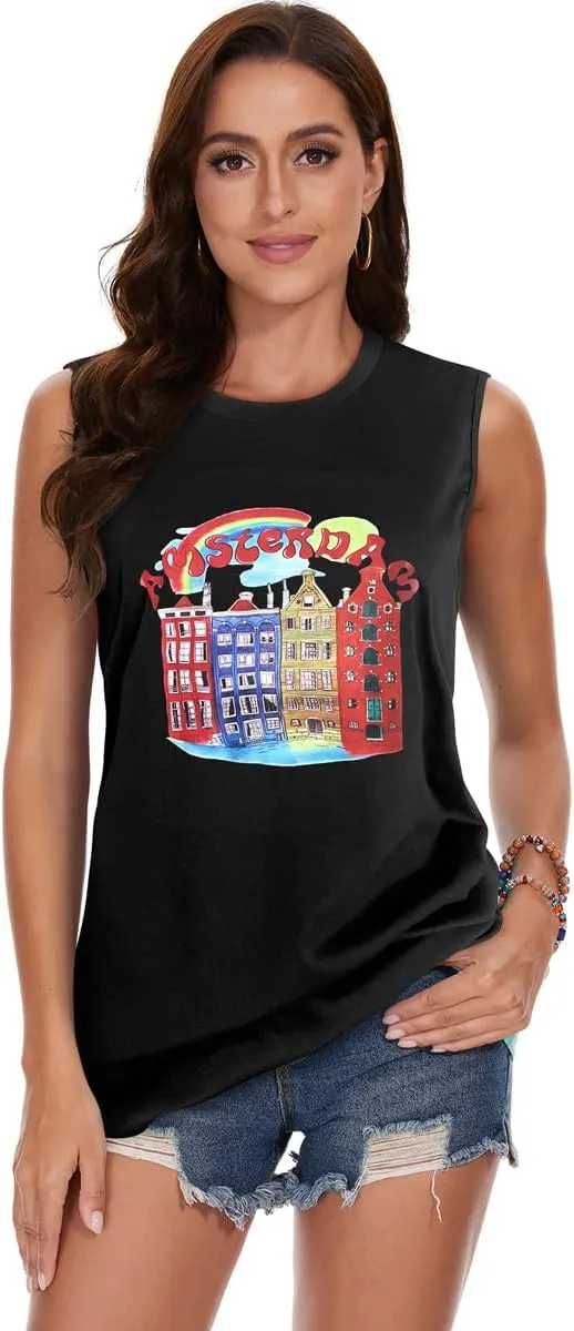 My Sky Womens Tank Tops Summer T Shirts Sleeveless Casual Cute Loose Tunic Blouses