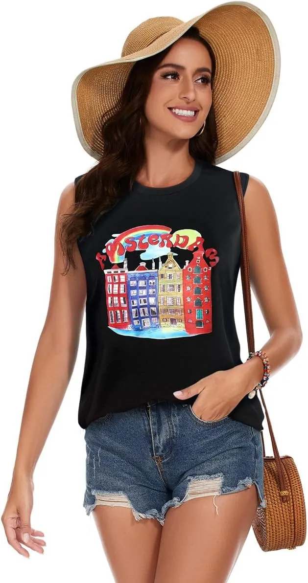 My Sky Womens Tank Tops Summer T Shirts Sleeveless Casual Cute Loose Tunic Blouses