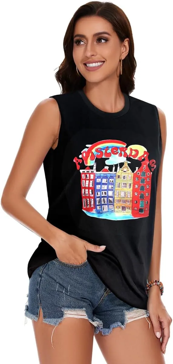 My Sky Womens Tank Tops Summer T Shirts Sleeveless Casual Cute Loose Tunic Blouses