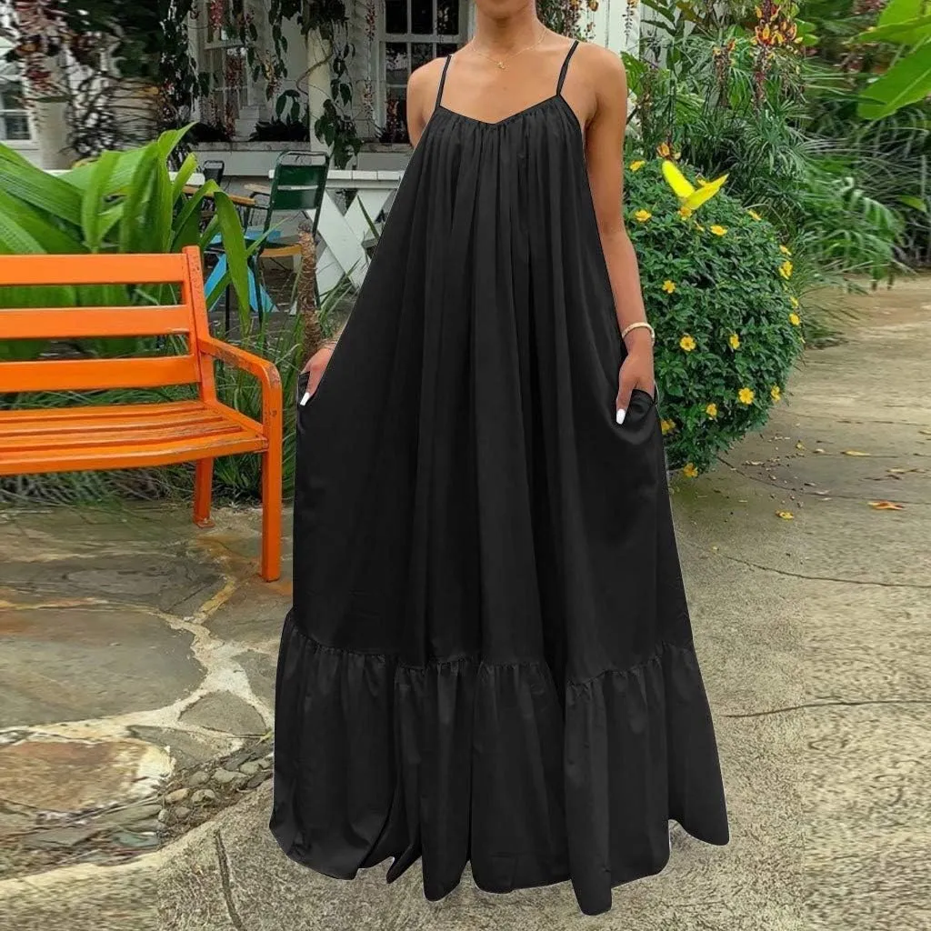 NaRHbrg Plus Size Women's Casual Loose Sundress Long Dress Sleeveless Maxi Dresses Summer Beach Flowy Dress with Pockets