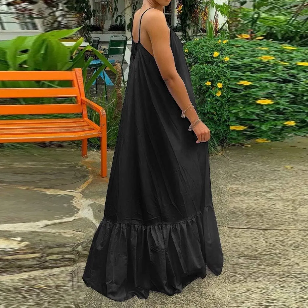 NaRHbrg Plus Size Women's Casual Loose Sundress Long Dress Sleeveless Maxi Dresses Summer Beach Flowy Dress with Pockets