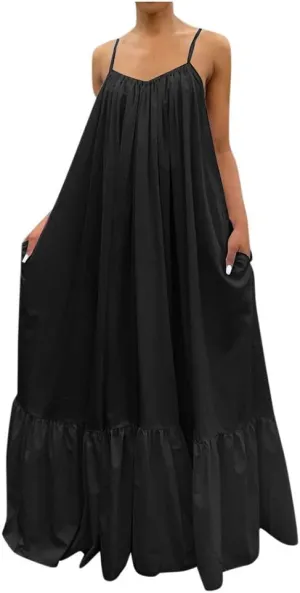 NaRHbrg Plus Size Women's Casual Loose Sundress Long Dress Sleeveless Maxi Dresses Summer Beach Flowy Dress with Pockets