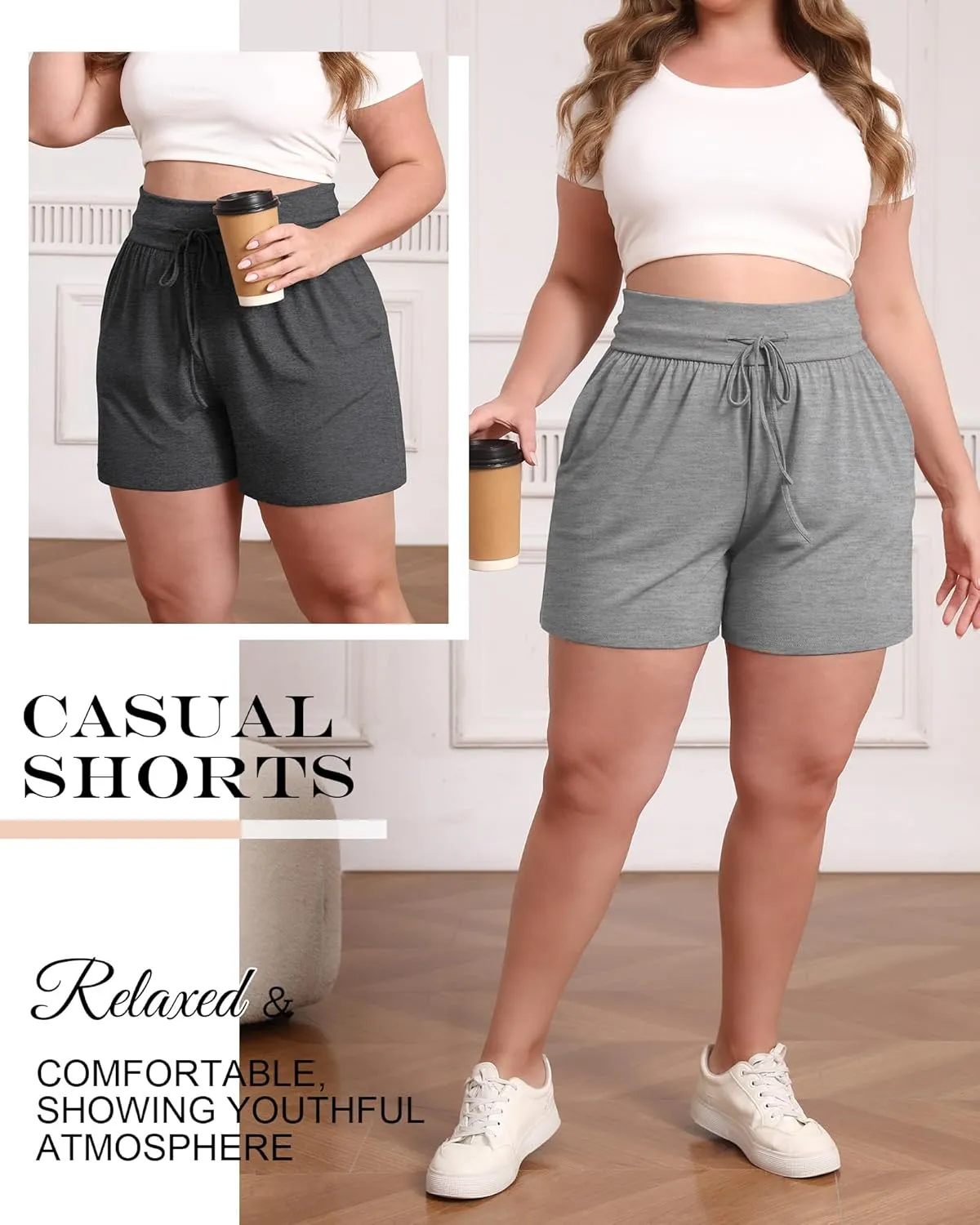 Neer 3 Pack Women's Plus Size Sweat Shorts, Cotton Drawstring Lounge Shorts Casual Summer Lightweight Soft Short with Pockets