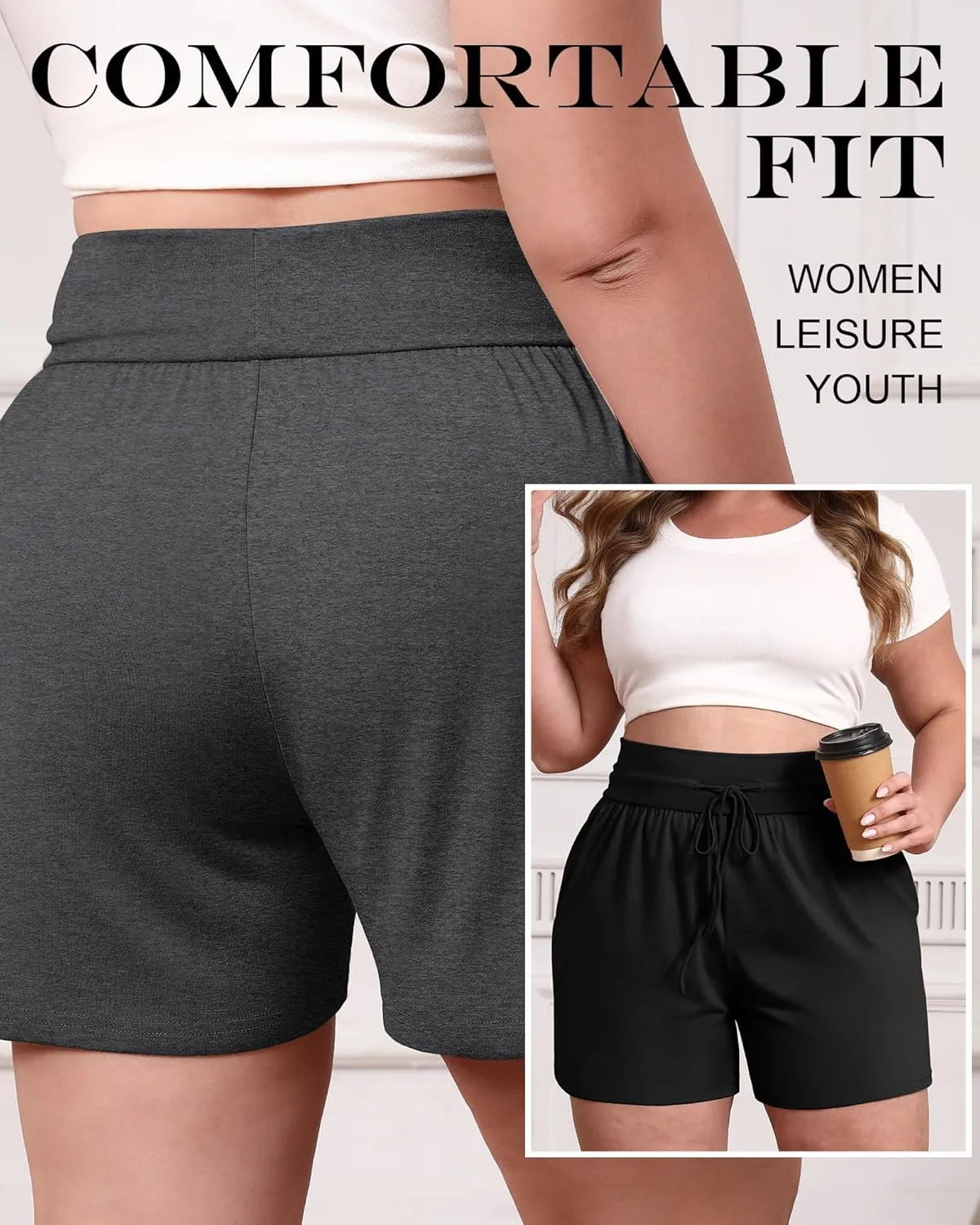 Neer 3 Pack Women's Plus Size Sweat Shorts, Cotton Drawstring Lounge Shorts Casual Summer Lightweight Soft Short with Pockets