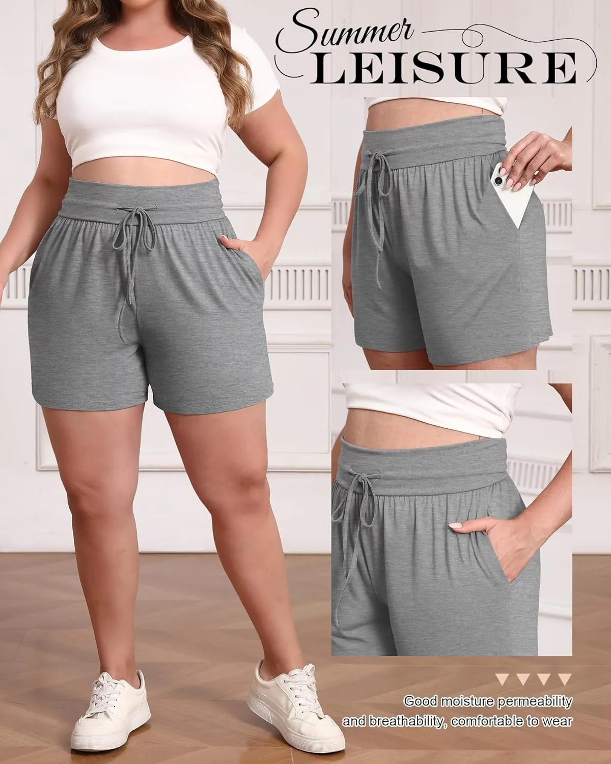Neer 3 Pack Women's Plus Size Sweat Shorts, Cotton Drawstring Lounge Shorts Casual Summer Lightweight Soft Short with Pockets