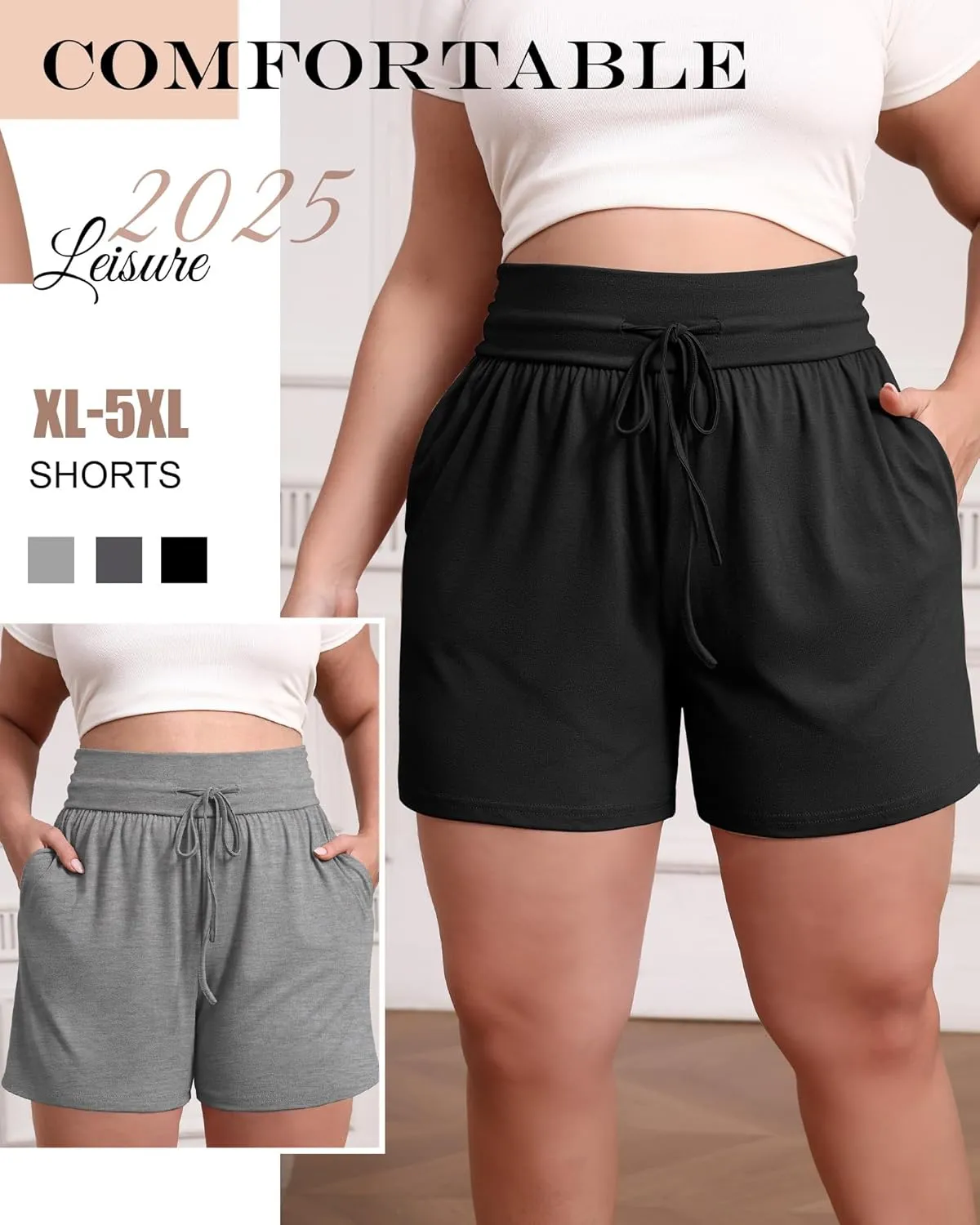 Neer 3 Pack Women's Plus Size Sweat Shorts, Cotton Drawstring Lounge Shorts Casual Summer Lightweight Soft Short with Pockets