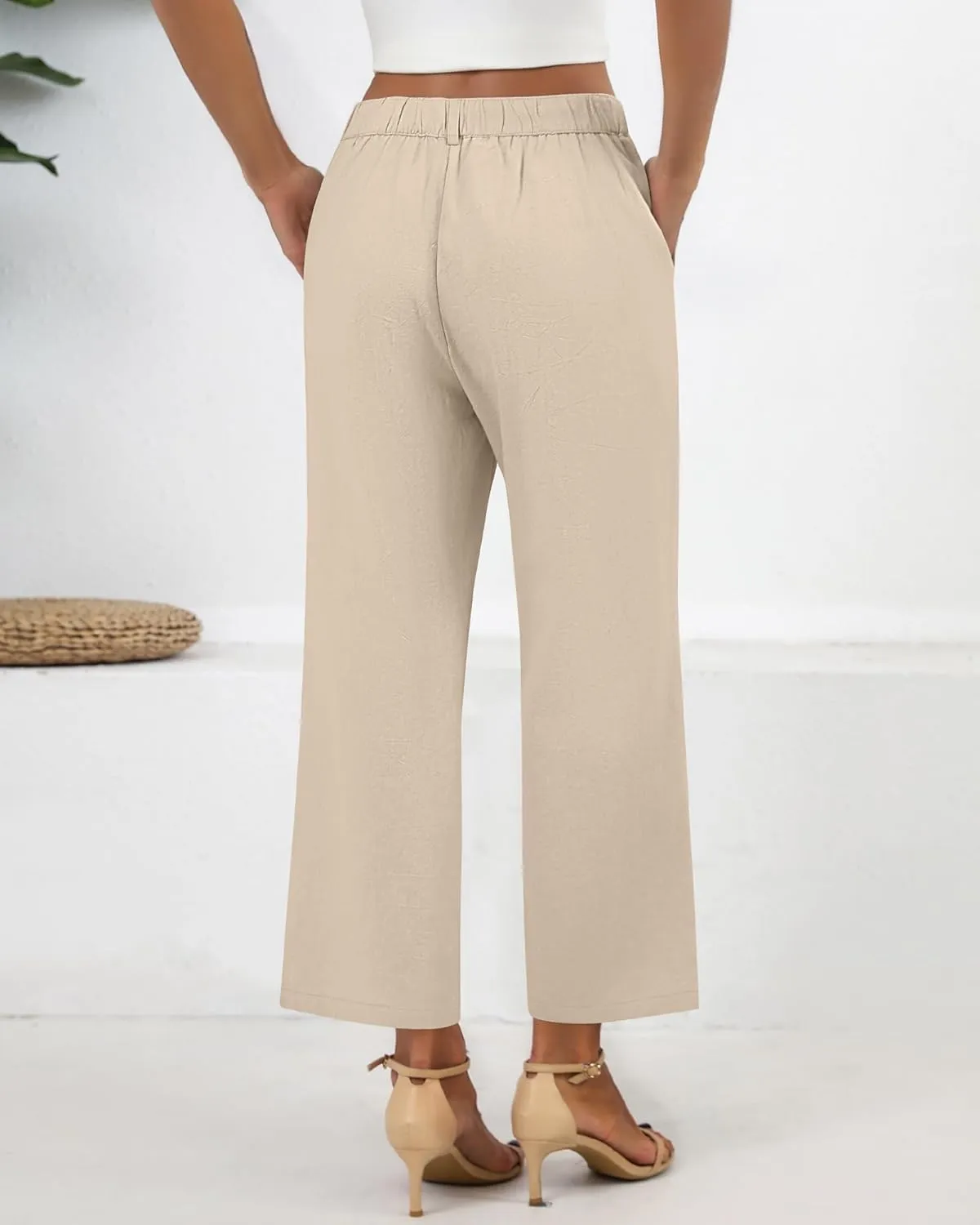 Neer Women's Cotton Linen Palazzo Pants, Casual Wide Leg Lounge Pants Summer High Waisted Flowy Trousers with Pockets