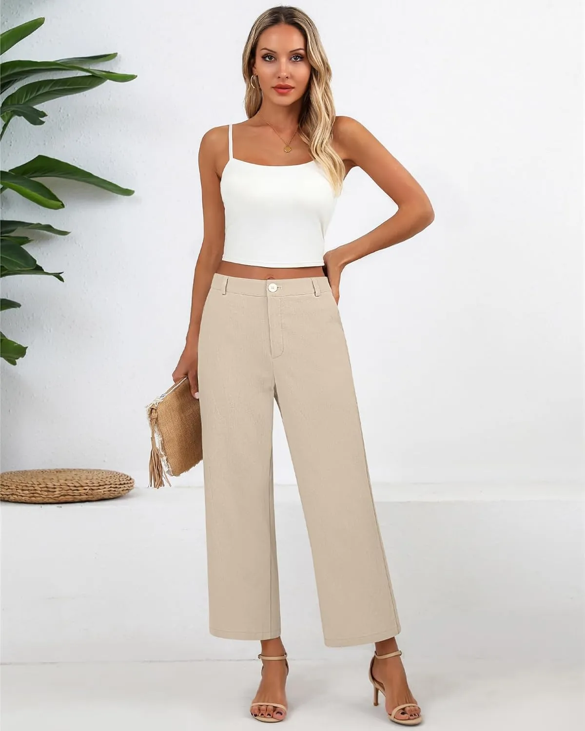 Neer Women's Cotton Linen Palazzo Pants, Casual Wide Leg Lounge Pants Summer High Waisted Flowy Trousers with Pockets