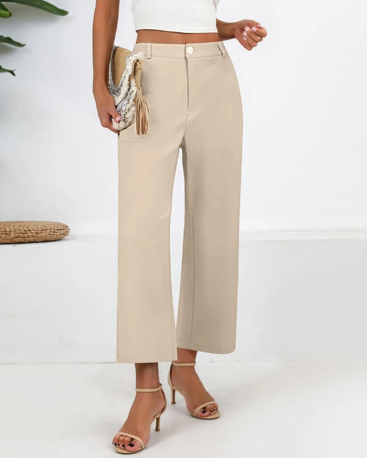 Neer Women's Cotton Linen Palazzo Pants, Casual Wide Leg Lounge Pants Summer High Waisted Flowy Trousers with Pockets