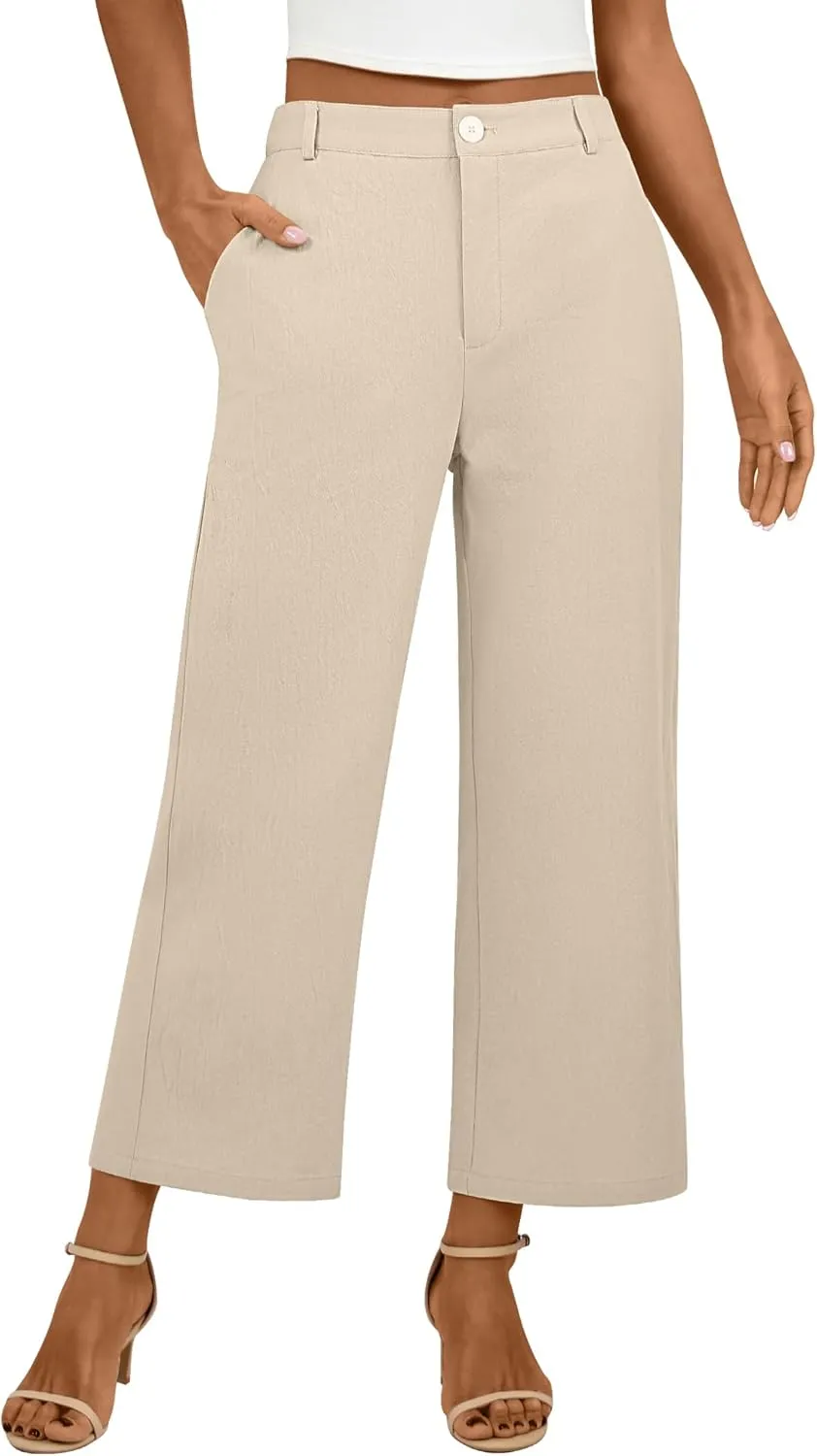 Neer Women's Cotton Linen Palazzo Pants, Casual Wide Leg Lounge Pants Summer High Waisted Flowy Trousers with Pockets