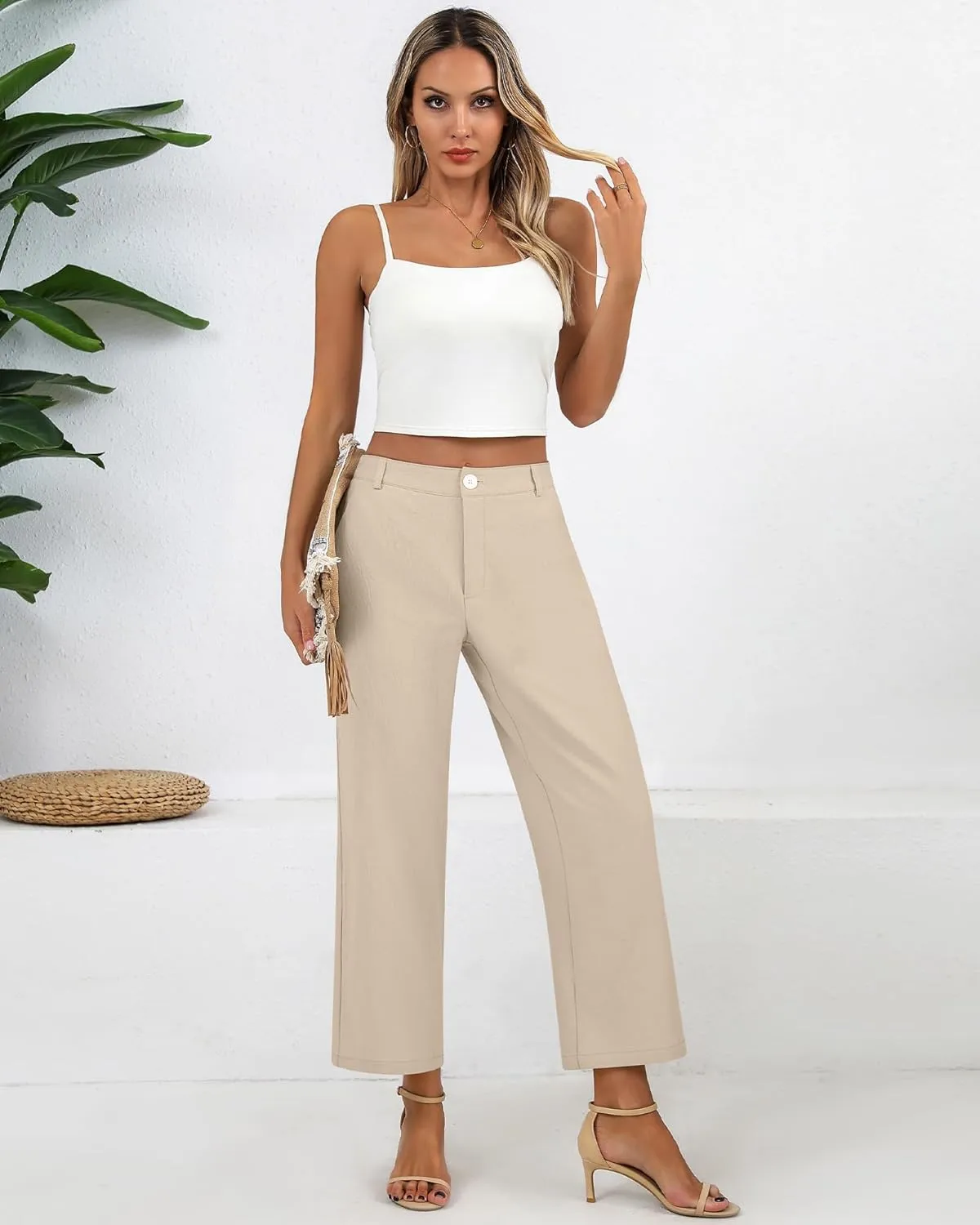 Neer Women's Cotton Linen Palazzo Pants, Casual Wide Leg Lounge Pants Summer High Waisted Flowy Trousers with Pockets