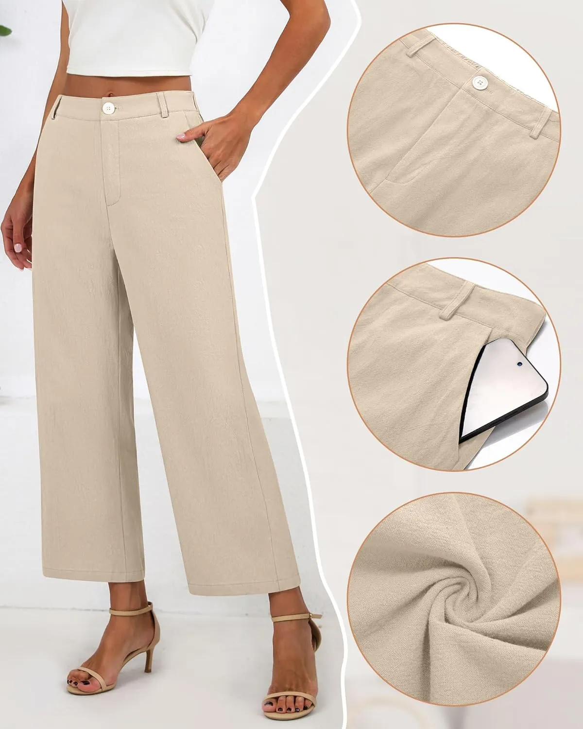 Neer Women's Cotton Linen Palazzo Pants, Casual Wide Leg Lounge Pants Summer High Waisted Flowy Trousers with Pockets