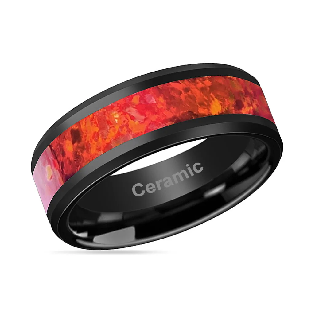 NOVA | Black Ceramic Ring, Red Opal Inlay, Beveled