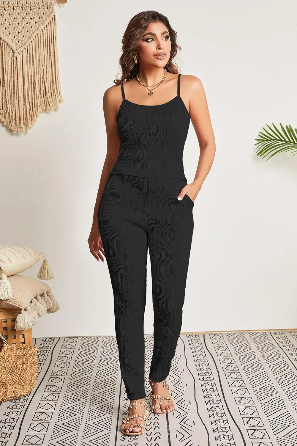 OCEANLUX Women 3 Piece Lounge Outfits Pajamas Set Long Cardigan Crop Tank Tops Pants Loungewear Sleepwear