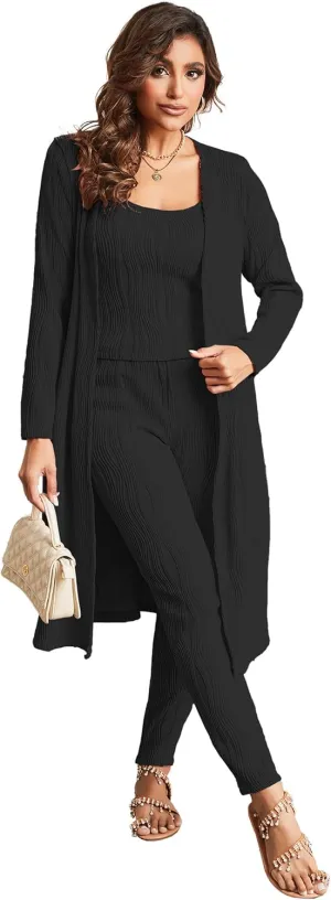 OCEANLUX Women 3 Piece Lounge Outfits Pajamas Set Long Cardigan Crop Tank Tops Pants Loungewear Sleepwear