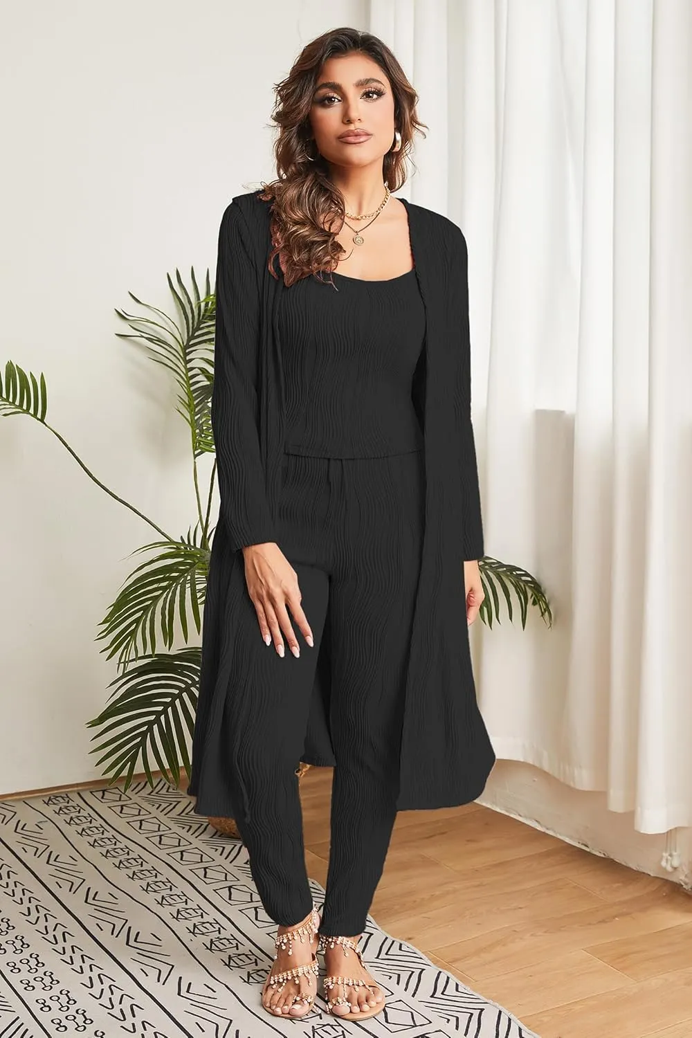 OCEANLUX Women 3 Piece Lounge Outfits Pajamas Set Long Cardigan Crop Tank Tops Pants Loungewear Sleepwear