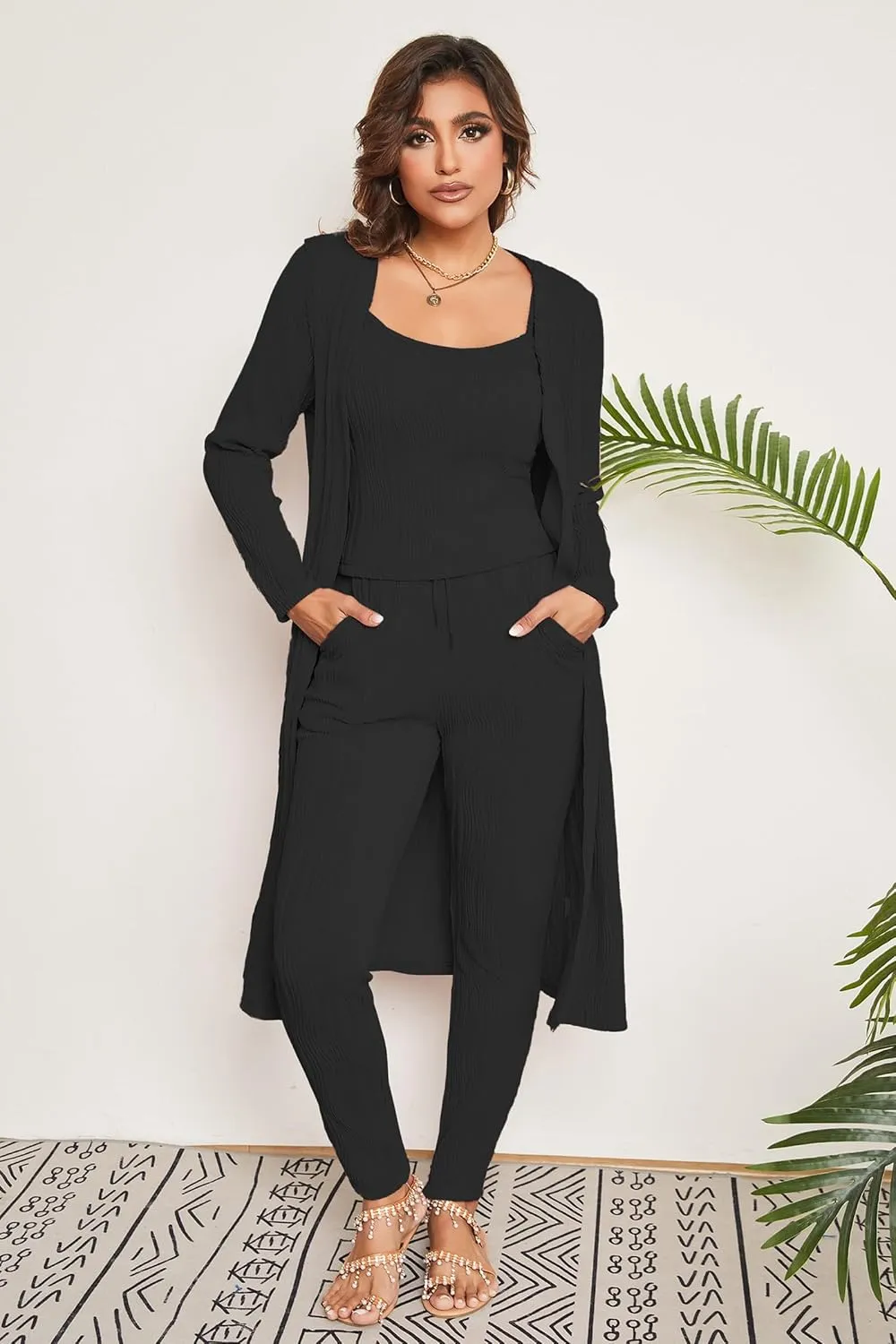 OCEANLUX Women 3 Piece Lounge Outfits Pajamas Set Long Cardigan Crop Tank Tops Pants Loungewear Sleepwear