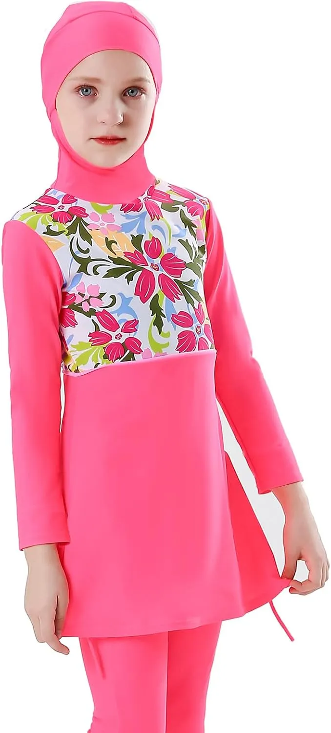 ODIZLI Kids Girls' Rash Guard Sets Islamic Hijab Swimwear Muslim Modest Long Sleeves Shorts Pants Beachwear Hoodie Hat 2 PCS